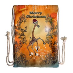 Funny, Cute Christmas Giraffe Drawstring Bag (large) by FantasyWorld7