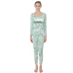 Mint Green And White Baroque Floral Pattern Long Sleeve Catsuit