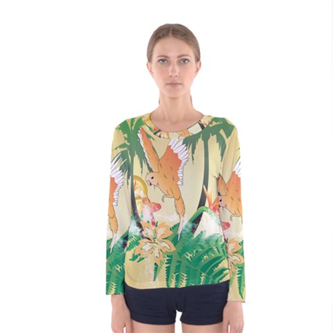 Funny Budgies With Palm And Flower Women s Long Sleeve T-shirts by FantasyWorld7