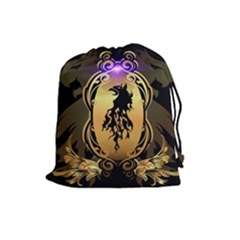 Lion Silhouette With Flame On Golden Shield Drawstring Pouches (large)  by FantasyWorld7