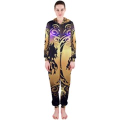 Lion Silhouette With Flame On Golden Shield Hooded Jumpsuit (ladies) 