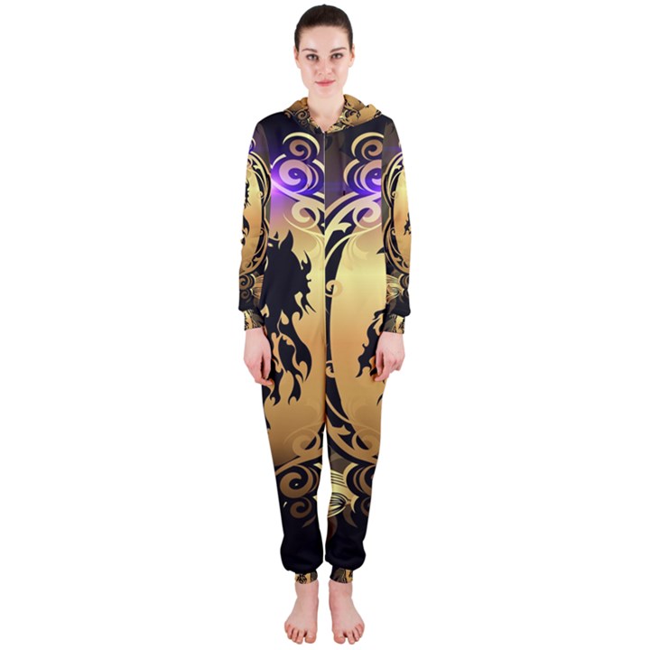 Lion Silhouette With Flame On Golden Shield Hooded Jumpsuit (Ladies) 