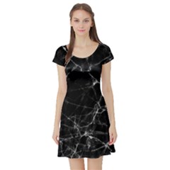 Black Marble Stone Pattern Short Sleeve Skater Dresses by Dushan