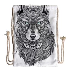Intricate Elegant Wolf Head Illustration Drawstring Bag (large) by Dushan