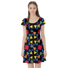 Colorful Triangles And Flowers Pattern Short Sleeve Skater Dress