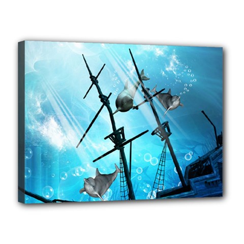 Underwater World With Shipwreck And Dolphin Canvas 16  X 12  by FantasyWorld7