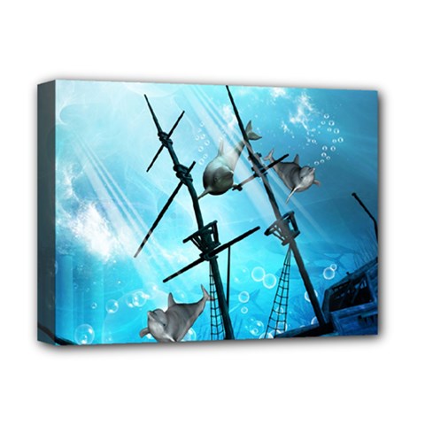 Underwater World With Shipwreck And Dolphin Deluxe Canvas 16  X 12   by FantasyWorld7