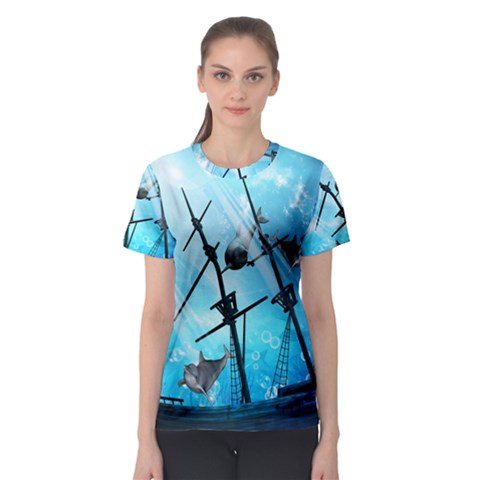 Underwater World With Shipwreck And Dolphin Women s Sport Mesh Tees by FantasyWorld7