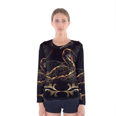 Wonderful Swan In Gold And Black With Floral Elements Women s Long Sleeve T-shirts by FantasyWorld7