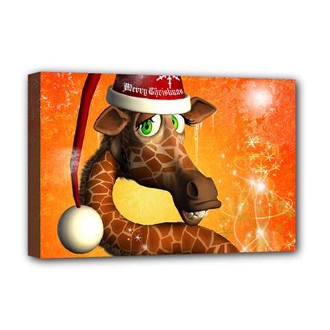 Funny Cute Christmas Giraffe With Christmas Hat Deluxe Canvas 18  x 12  