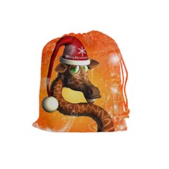 Funny Cute Christmas Giraffe With Christmas Hat Drawstring Pouches (large)  by FantasyWorld7