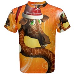 Funny Cute Christmas Giraffe With Christmas Hat Men s Cotton Tees