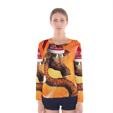 Funny Cute Christmas Giraffe With Christmas Hat Women s Long Sleeve T-shirts by FantasyWorld7