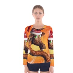 Funny Cute Christmas Giraffe With Christmas Hat Women s Long Sleeve T-shirts