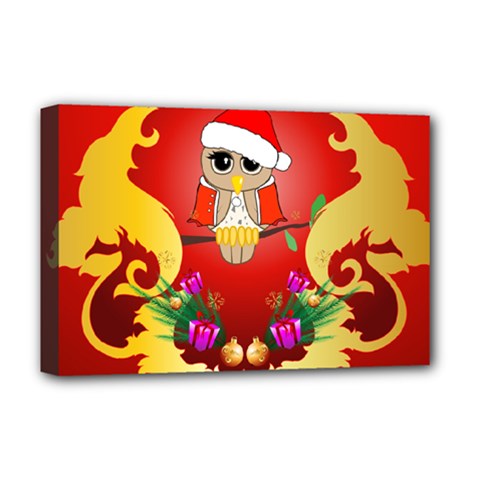 Funny, Cute Christmas Owl  With Christmas Hat Deluxe Canvas 18  X 12   by FantasyWorld7