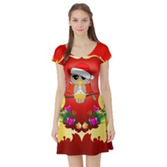 Funny, Cute Christmas Owl  With Christmas Hat Short Sleeve Skater Dresses by FantasyWorld7