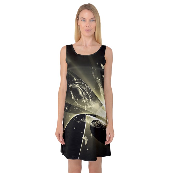 Awesome Glowing Lines With Beautiful Butterflies On Black Background Sleeveless Satin Nightdresses