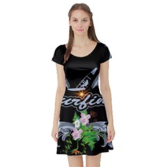 Surfboarder With Damask In Blue On Black Bakcground Short Sleeve Skater Dresses by FantasyWorld7