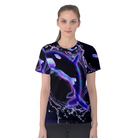 Orca With Glowing Line Jumping Out Of A Circle Mad Of Water Women s Cotton Tees by FantasyWorld7