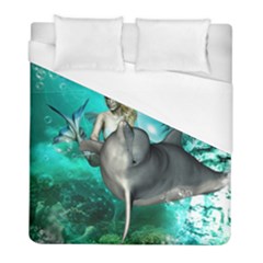 Beautiful Mermaid With  Dolphin With Bubbles And Water Splash Duvet Cover Single Side (twin Size) by FantasyWorld7