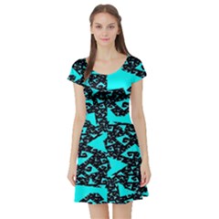 Teal On Black Funky Fractal Short Sleeve Skater Dresses by KirstenStar