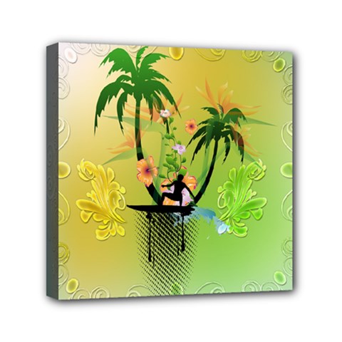 Surfing, Surfboarder With Palm And Flowers And Decorative Floral Elements Mini Canvas 6  x 6 