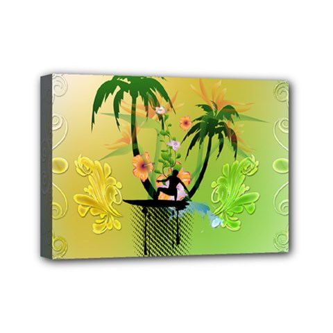 Surfing, Surfboarder With Palm And Flowers And Decorative Floral Elements Mini Canvas 7  x 5 