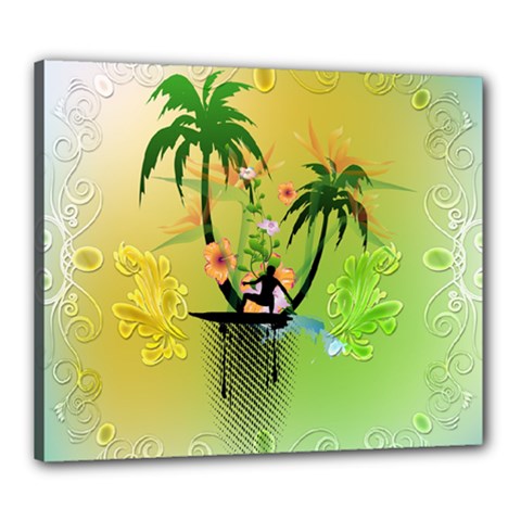 Surfing, Surfboarder With Palm And Flowers And Decorative Floral Elements Canvas 24  x 20 