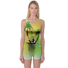 Surfing, Surfboarder With Palm And Flowers And Decorative Floral Elements Women s Boyleg One Piece Swimsuits