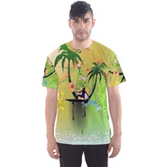 Surfing, Surfboarder With Palm And Flowers And Decorative Floral Elements Men s Sport Mesh Tees