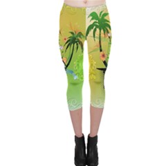 Surfing, Surfboarder With Palm And Flowers And Decorative Floral Elements Capri Leggings