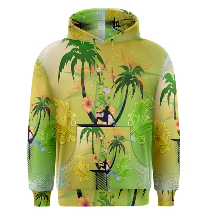 Surfing, Surfboarder With Palm And Flowers And Decorative Floral Elements Men s Pullover Hoodies