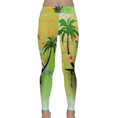 Surfing, Surfboarder With Palm And Flowers And Decorative Floral Elements Yoga Leggings