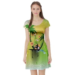 Surfing, Surfboarder With Palm And Flowers And Decorative Floral Elements Short Sleeve Skater Dresses