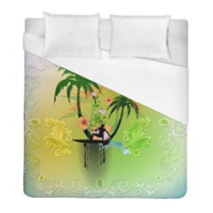 Surfing, Surfboarder With Palm And Flowers And Decorative Floral Elements Duvet Cover Single Side (twin Size) by FantasyWorld7