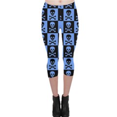 Blue Skull Checkerboard Capri Leggings by ArtistRoseanneJones