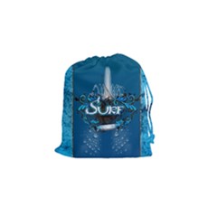 Surf, Surfboard With Water Drops On Blue Background Drawstring Pouches (small)  by FantasyWorld7