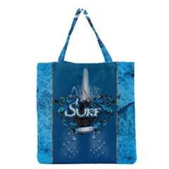 Surf, Surfboard With Water Drops On Blue Background Grocery Tote Bags by FantasyWorld7