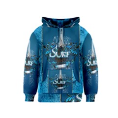 Surf, Surfboard With Water Drops On Blue Background Kids Zipper Hoodies by FantasyWorld7