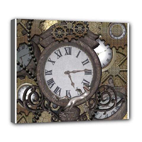 Steampunk, Awesome Clocks With Gears, Can You See The Cute Gescko Deluxe Canvas 24  X 20   by FantasyWorld7