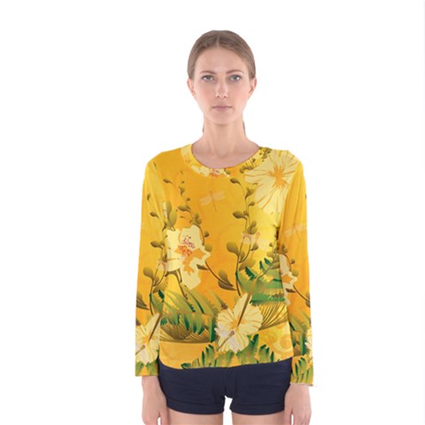 Wonderful Soft Yellow Flowers With Dragonflies Women s Long Sleeve T-shirts by FantasyWorld7