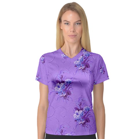 Purple Roses Pattern Women s V-neck Sport Mesh Tee by LovelyDesigns4U