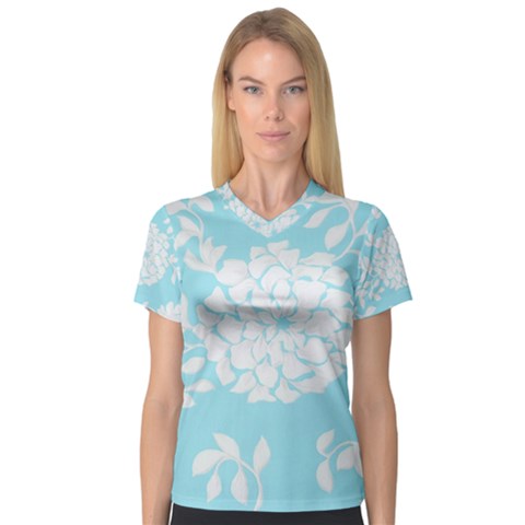 Aqua Blue Floral Pattern Women s V-neck Sport Mesh Tee by LovelyDesigns4U