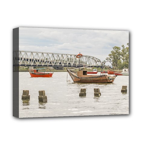 Boats At Santa Lucia River In Montevideo Uruguay Deluxe Canvas 16  X 12   by dflcprints