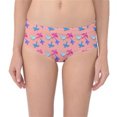 Birds Pattern On Pink Background Mid-waist Bikini Bottoms by LovelyDesigns4U