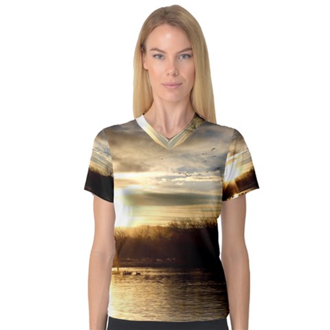 Setting Sun At Lake Women s V-neck Sport Mesh Tee by trendistuff