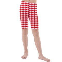 Red And White Scallop Repeat Pattern Kid s Mid Length Swim Shorts by PaperandFrill