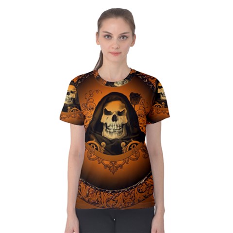 Awsome Skull With Roses And Floral Elements Women s Cotton Tee by FantasyWorld7