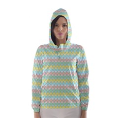 Scallop Repeat Pattern In Miami Pastel Aqua, Pink, Mint And Lemon Hooded Wind Breaker (women) by PaperandFrill