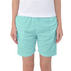 Tiffany Aqua And White Chevron Wavy Zigzag Stripes Women s Basketball Shorts by PaperandFrill